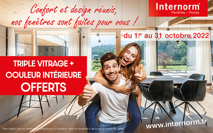 En octobre 2022, Internorm vous offre le triple vitrage et la couleur intérieure pour vos fenêtres !